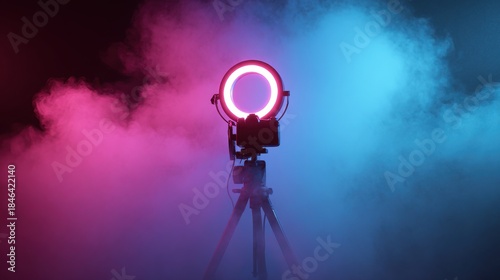 Vibrant ring light on tripod amid swirling colorful mist effects