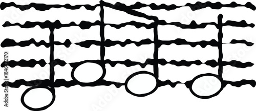 Hand-drawn style musical notes on textured staff lines vector illustration in black and white.