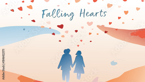 A romantic couple walks hand in hand under a whimsical rain of heart sparkles in a dreamy landscape