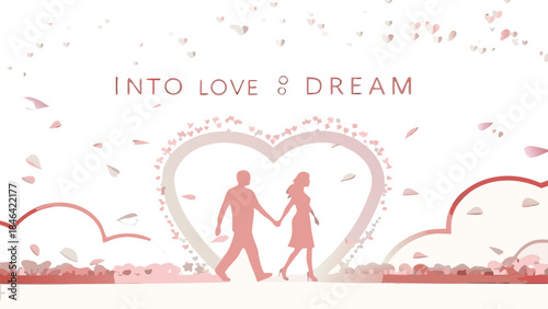 Couple walking through heart shaped portal surrounded by petals and clouds in romantic scene