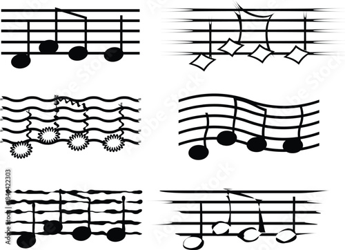 Abstract musical notes and staff lines vector set in black and white style. This collection features expressive music notation with dynamic lines, motion effects, and artistic distortions