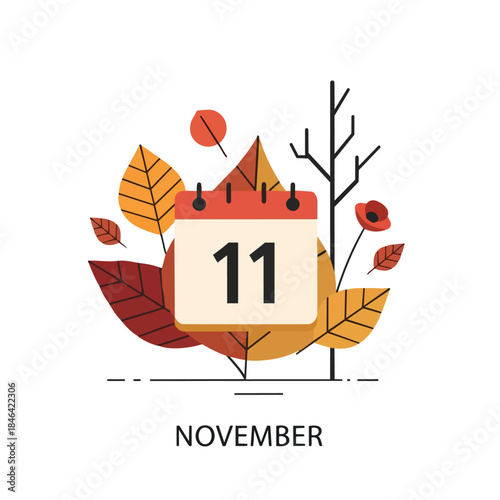 Autumnal November eleventh calendar icon with seasonal foliage and bare tree branches
