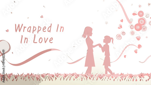 A woman and child in pink silhouettes hold hands among hearts and flowers