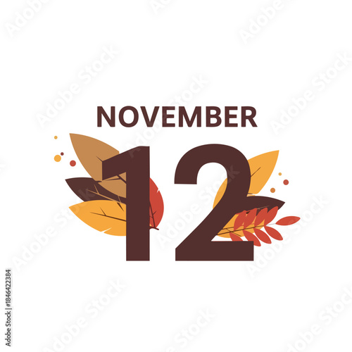 Autumnal November 12th calendar date illustration featuring beautifully stylized colorful falling leaves conveying seasonal charm a reminder for