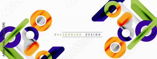 Abstract geometric shapes overlap, creating dynamic visual effect. Bright colors contrast against white background. Modern design elements present.