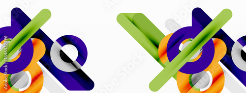 Abstract geometric shapes, vibrant colors, modern design. Overlapping elements create dynamic composition, clean aesthetic.