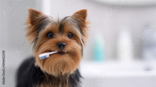 Cute yorkshire terrier playfully holding toothbrush in mouth