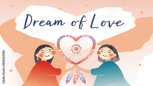 Two girls holding a heart shaped dream catcher together smiling with love and friendship