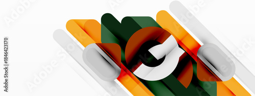 Abstract geometric shapes overlap, creating dynamic visual effect. Orange, green, white colors dominate composition. Modern design element.