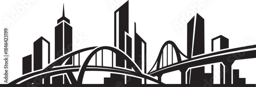 Dynamic city skyline with sleek skyscrapers and elegant bridges against a grey backdrop