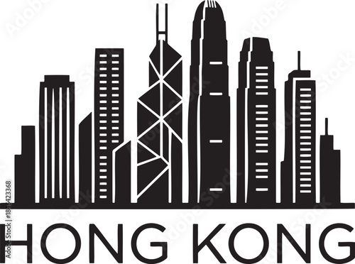 Hong kong city skyline silhouette vector illustration with iconic skyscrapers and text label