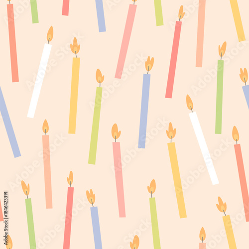 Pattern with cute lit candles. Vector seamless texture in flat style. Birthday cake candles on beige background. Happy birthday! Template for Birthday wrapping paper.