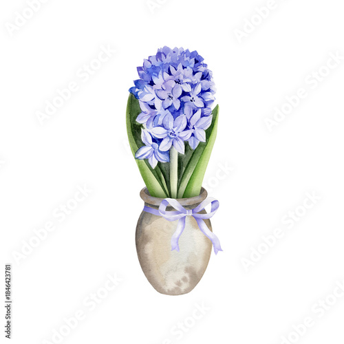 Quadro su tela blue hyacinth in textured clay pot, cute bow, hand drawn watercolor spring fresh