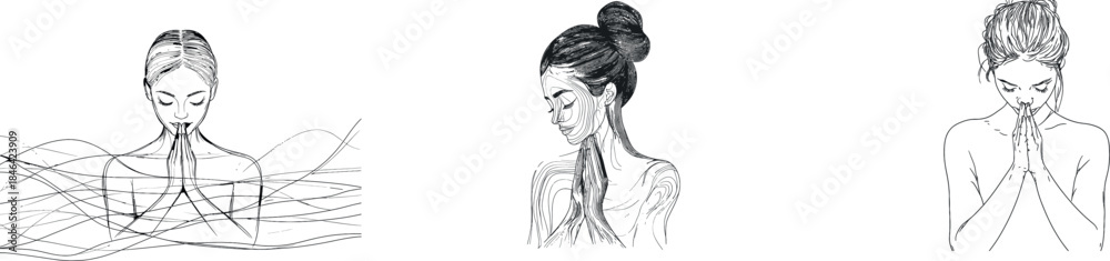 Fototapeta premium In a modern illustration, the Thai greeting concept is represented by a continuous line of ladies, including a pretty woman who stands and gives welcoming hand gestures to guests or tourists by wai