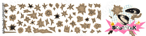 Elements for collage, cut out of craft paper hand drawn doodle stars set and irregular shapes collection. Clipping funky element stickers for scrapbook vector illustration on transparent background