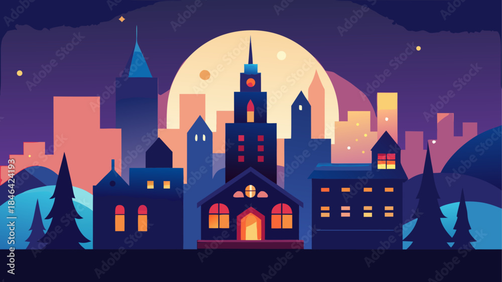 Fototapeta premium Fantasy cityscape at dusk isolated on transparent background