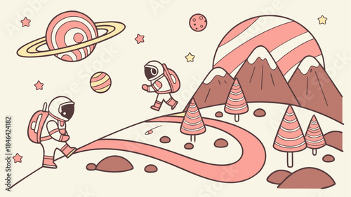 Astronauts exploring space and mountains, isolated on transparent background