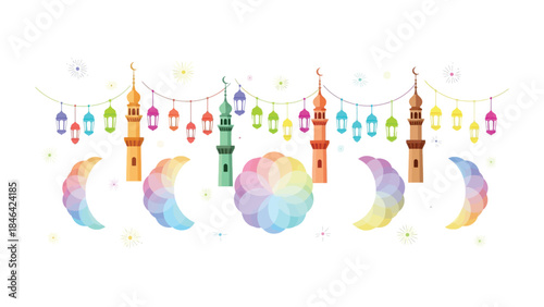 Celebrating Ramadan: A colorful illustration showcasing iconic Ramadan symbols with festive lanterns and crescent moon.