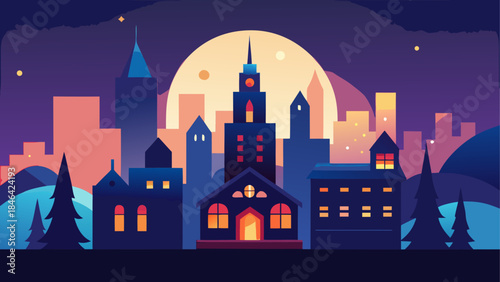 Fantasy cityscape at dusk isolated on transparent background
