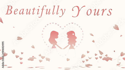 Two girls holding hands with heart kaleidoscope glow behind them in pink hues