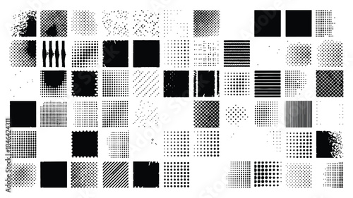 Large collection of abstract grunge halftone textures and distressed square patterns, featuring black and white noise overlays, retro dots, and geometric grain effects for graphic design backgrounds.