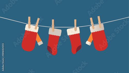 Christmas stockings hanging on clothesline, isolated on transparent background