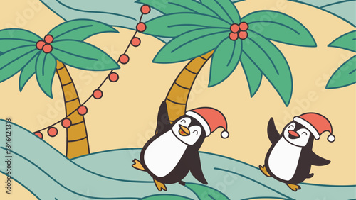 Penguins with santa hats in tropical setting isolated on transparent background