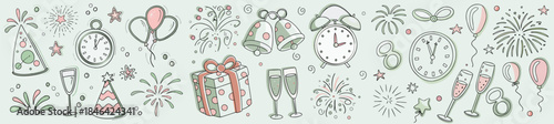 New Year celebration icons with festive decorations and symbols