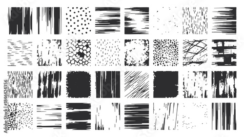 Large set of abstract hand drawn grunge textures and black brush strokes, featuring distressed lines, rough dots, and messy ink patterns for modern graphic design backgrounds.