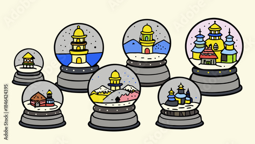 Collection of snow globes isolated on transparent background