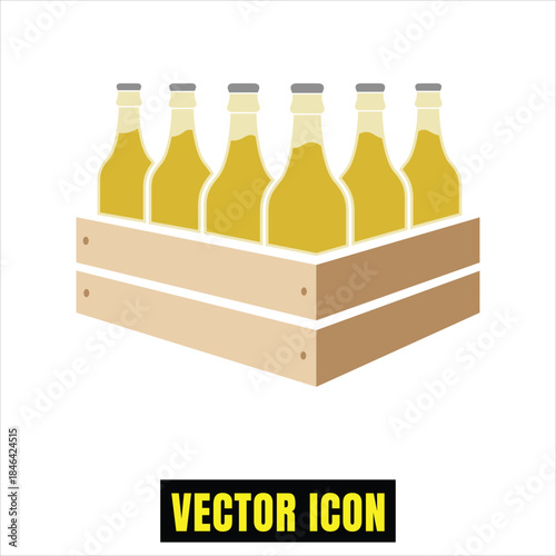 A simple vector icon depicting a wooden crate filled with six yellow liquid bottles on a white background Vector