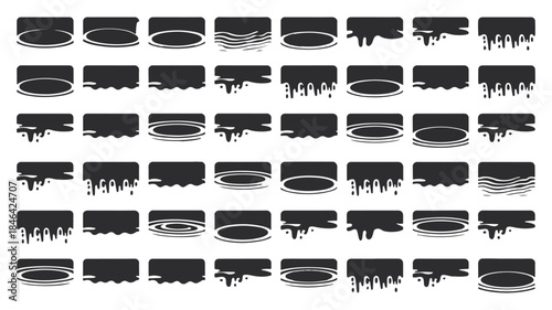 Set of dripping liquid icons and melting paint silhouettes, featuring black ink drips, oozing slime borders, and flowing fluid shapes isolated on white background.