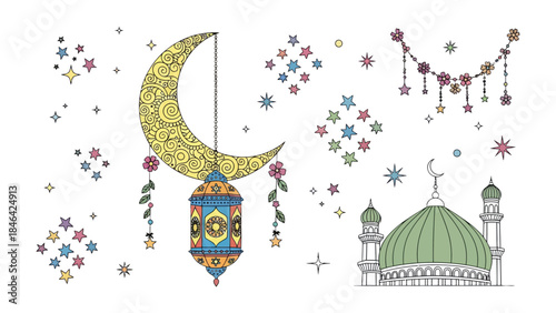 Ramadan Illustration: Festive Ramadan illustration with a detailed crescent moon, stars, mosque, and lantern. A visual celebration of Islamic culture, suitable for design and greeting purposes.