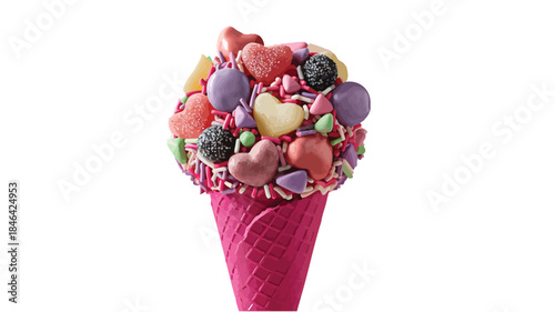 Colorful ice cream cone topped with candies and sweets isolated on white background