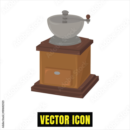 A traditional manual coffee grinder with a rustic wooden base and a metallic hopper Vector