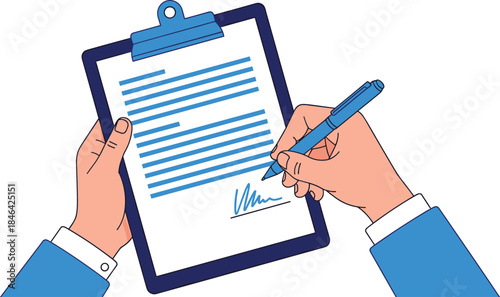 Hands holding clipboard and signing legal document or contract with a pen, representing agreement, official paperwork, business deal, and authorized signature illustration.