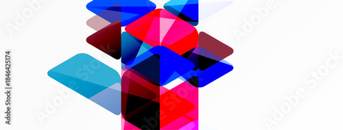 Abstract geometric shapes overlap, creating vibrant color blends. Blue, red, cyan dominate composition. Minimalist design, modern aesthetic.