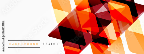 Abstract geometric shapes, orange hues dominate design. Clean white space provides contrast, modern aesthetic. Dynamic composition.