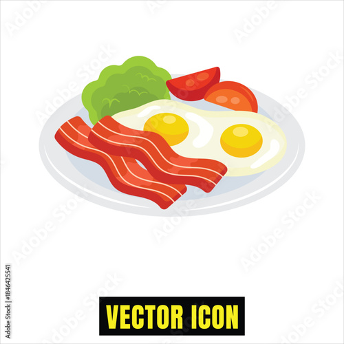 Delicious classic breakfast plate with crispy bacon, sunny-side-up eggs, fresh lettuce, and tomato Vector