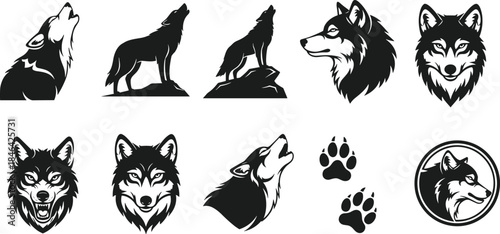 Howling Wolf Silhouette and Aggressive Head Logo Vector Set; Canine, Dog, and Wild Animal Mascots with Paw Prints for Sports Team or Nature Badges.