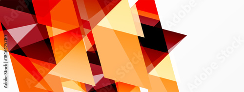 Abstract geometric shapes, vibrant orange, red hues dominate composition. White space provides contrast, dynamic visual effect.