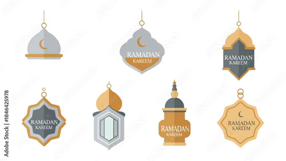 Fototapeta premium Ramadan Kareem Lanterns: A collection of decorative lanterns, each intricately designed, representing the spirit of Ramadan with crescent moons and elegant motifs, and cultural celebrations.