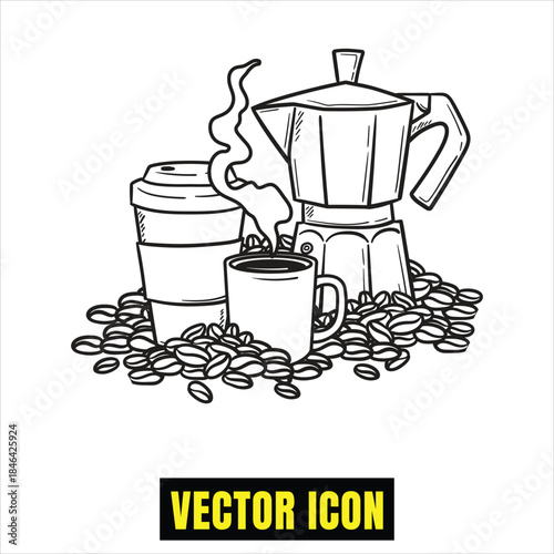 Classic coffee essentials: moka pot, steaming mug, and beans for a perfect brew Vector