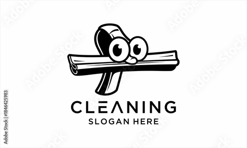Monochrome cartoon squeegee character for cleaning service logo.