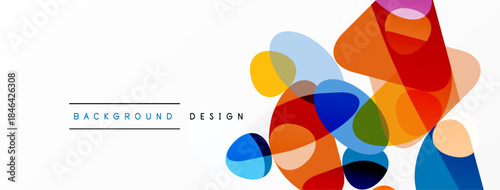 Abstract colorful shapes overlap white space. Modern design elements create dynamic visual impact. Simple, clean aesthetic.