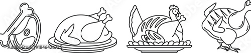 Meat and Poultry Line Art Icons Set: Grilled Chicken, Turkey, and Roast Beef/Lamb Cut Outline Vector Illustration for Menu, Butcher Shop, and Food Design.