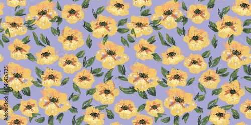 Seamless vector floral pattern with expressive yellow flowers and green leaves on a blue background. Bold and artistic design for textiles, packaging, wallpapers, fashion prints