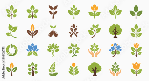 Diverse collection simple flat nature plant tree leaf icons ecology growth environment organic blossom hand