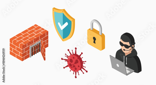 Isometric cybersecurity digital protection threats concept illustrations Hacker Firewall Virus Shield Lock Data Attack Secure