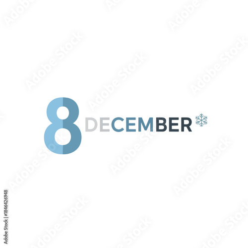 Modern minimalist graphic depicting December 8 with a blue numeral and subtle snowflake, signifying a key winter date for seasonal reminders or